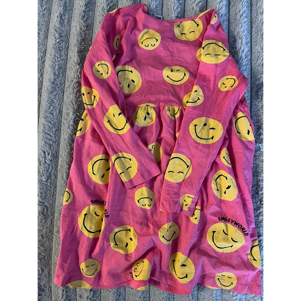 HM SmileyWorld Girls Pink Long Sleeve Jersey Dress Smiley Face Print Size 6X 7